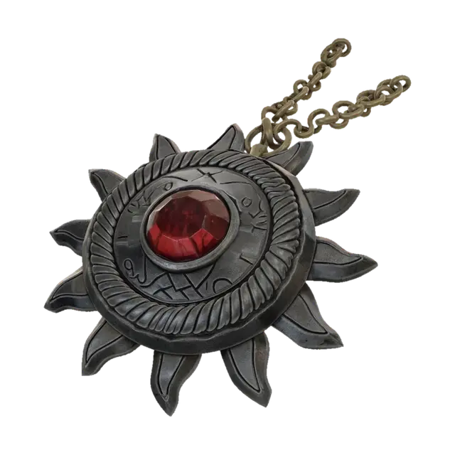 Full object visible. Ancient platinum holy symbol shaped like a radiant sunburst… - Amulet 3D model, vytvořený pomocí AI