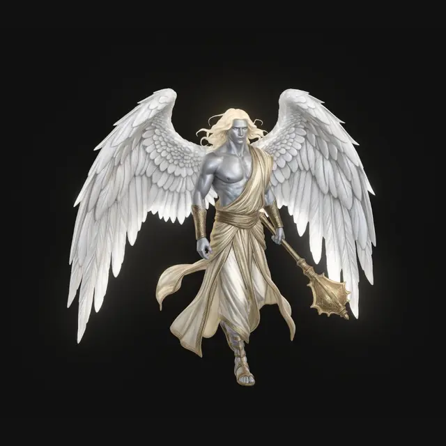 3D model for Full body, feet visible. Majestic deva angel w/flawless silvery skin, luminous pale eyes, & flowing golden-blond hair shining w/unearthly radiance. Large feathered white wings spread wide w/layered realistic plumage. Beautiful humanoid form w/serene but powerful presence, athletic build, calm expression filled w/divine compassion & ancient wisdom. Wears elegant flowing cloth, golden bracers, & celestial garments that move softly in the wind. Carries an ornate radiant mace w/subtle holy glow. Atmosphere sacred, noble, & awe-inspiring; not aggressive. Grounded fantasy realism, believable anatomy, highly detailed feathers & skin textures, clean geometry.
Negative Prompt
demon wings, dark angel, horror creature, excessive armor, cartoon, anime, sci-fi angel, oversized muscles, glowing neon