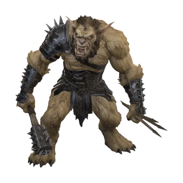 Full body, feet visible. Massive bugbear goblinoid warrior w/towering muscular… - Aggressive 3D model, vytvořený pomocí AI
