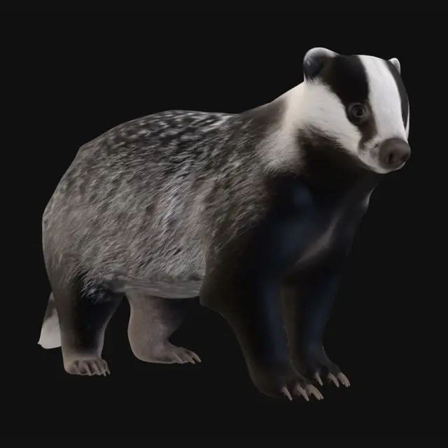 3D model for Full body image, feet fully visible. Realistic European badger w/broad low-slung body, powerful shoulders, thick neck, & compact muscular build adapted for digging. Distinctive black-and-white facial mask w/narrow dark eye stripes, small rounded ears, dark alert eyes, & strong wedge-shaped muzzle. Dense coarse fur colored dark gray, charcoal, & black across the back w/lighter silver-gray highlights. Powerful forelimbs ending in long digging claws, sturdy hindquarters, short tail, & heavy-set stance. Natural burrow-dwelling mammal anatomy, alert & cautious posture, grounded zoological realism, believable proportions, detailed fur texture, clean geometry.  Negative Prompt: honey badger, wolverine, ferret, raccoon, skunk, cartoon animal, cute face, oversized eyes, fantasy armor, clothing
