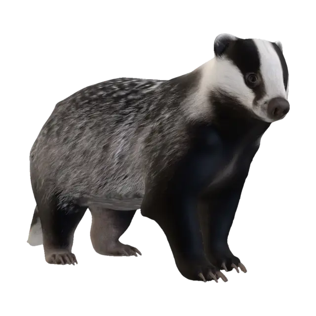 3D model for Full body image, feet fully visible. Realistic European badger w/broad low-slung body, powerful shoulders, thick neck, & compact muscular build adapted for digging. Distinctive black-and-white facial mask w/narrow dark eye stripes, small rounded ears, dark alert eyes, & strong wedge-shaped muzzle. Dense coarse fur colored dark gray, charcoal, & black across the back w/lighter silver-gray highlights. Powerful forelimbs ending in long digging claws, sturdy hindquarters, short tail, & heavy-set stance. Natural burrow-dwelling mammal anatomy, alert & cautious posture, grounded zoological realism, believable proportions, detailed fur texture, clean geometry.  Negative Prompt: honey badger, wolverine, ferret, raccoon, skunk, cartoon animal, cute face, oversized eyes, fantasy armor, clothing