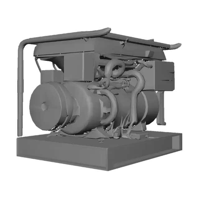 3D model for Create a compact bunker power generator for a post-apocalyptic survival game. A rugged industrial generator built from salvaged metal parts, with a fuel intake, small control panel, cable connection points, protective frame, and practical survival-bunker design. Low-poly to low-mid-poly, game-ready, optimized for real-time game use, stylized realistic, single isolated object only, centered, no background, no environment, no floor, no extra props, clean topology, no excessive tiny details, no text labels, no logos, no floating parts.
