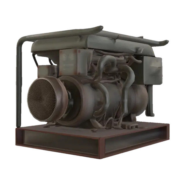 3D model for Create a compact bunker power generator for a post-apocalyptic survival game. A rugged industrial generator built from salvaged metal parts, with a fuel intake, small control panel, cable connection points, protective frame, and practical survival-bunker design. Low-poly to low-mid-poly, game-ready, optimized for real-time game use, stylized realistic, single isolated object only, centered, no background, no environment, no floor, no extra props, clean topology, no excessive tiny details, no text labels, no logos, no floating parts.