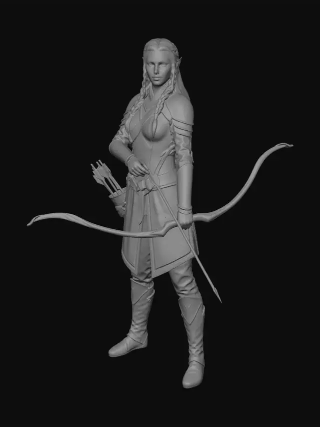 3D model for Red hair, young woman, girl, elf, leather armor, long hair, braid, holding bow, dark green clothing, quiver on hip, full body, bow drawn and aimed, no bowstring, bow string not there, arrow on bow, standing straight