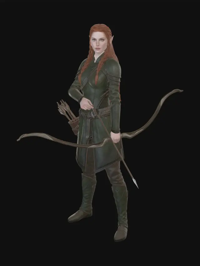 3D model for Red hair, young woman, girl, elf, leather armor, long hair, braid, holding bow, dark green clothing, quiver on hip, full body, bow drawn and aimed, no bowstring, bow string not there, arrow on bow, standing straight