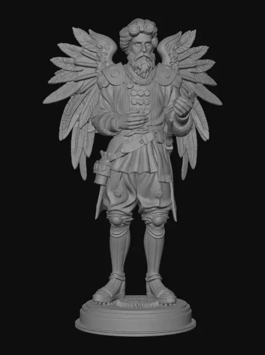 3D model for highly detailed collectible figurine of a steampunk inventor inspired by Leonardo da Vinci, standing balanced pose, mechanical wings attached to the back (thick and simplified structure), holding an invention device, renaissance clothing with integrated mechanical elements, solid base with gears and machines, clean topology, manifold mesh, watertight model, thick geometry for 3D printing, no floating parts, reduced ultra thin details, strong connections between elements, stable structure, high poly sculpt optimized for physical fabrication, centered full body