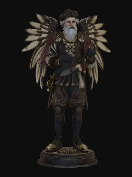3D model for highly detailed collectible figurine of a steampunk inventor inspired by Leonardo da Vinci, standing balanced pose, mechanical wings attached to the back (thick and simplified structure), holding an invention device, renaissance clothing with integrated mechanical elements, solid base with gears and machines, clean topology, manifold mesh, watertight model, thick geometry for 3D printing, no floating parts, reduced ultra thin details, strong connections between elements, stable structure, high poly sculpt optimized for physical fabrication, centered full body
