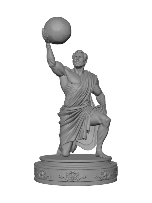 3D model for Argo, Greek god of Contests, holding a Soccer Ball like the titan atlas above his head while on one knee. On a marble Pillar platform in marble with gold trim on the details.