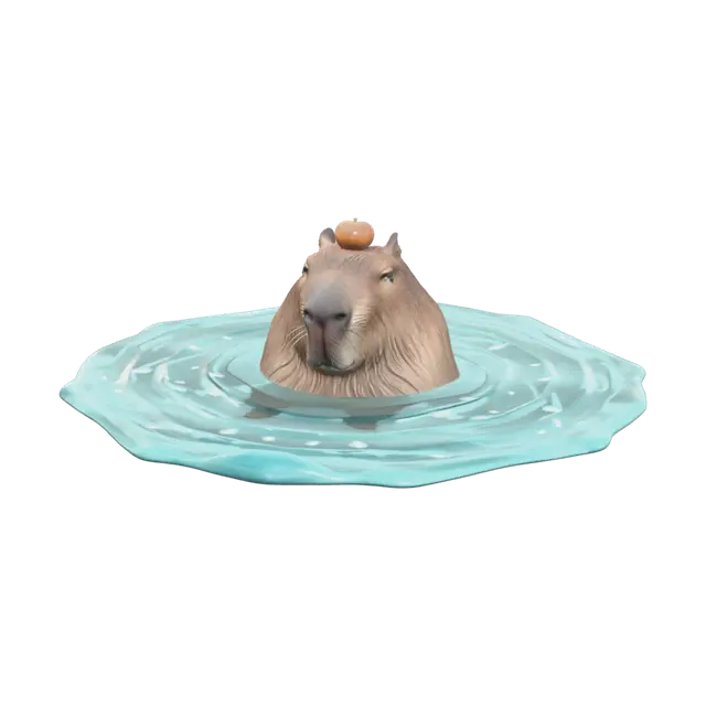 Realistic Capybara With Orange On Head 3D model, vytvořený pomocí AI