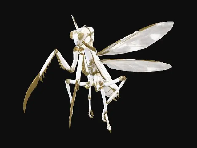 3D model for 3D game asset, aerial enemy, a vertical divine insectoid creature resembling a praying mantis. Body made of polished white porcelain with gold filigree joints. It stands upright in mid-air. It has four translucent, crystalline wings spread wide horizontally in a fixed gliding position. No flapping. Long, sharp golden scythe-like front legs. Faceless head with multi-faceted golden eyes. 4K, Unreal Engine 5 render, isolated on gray background, holy and predatory aesthetic