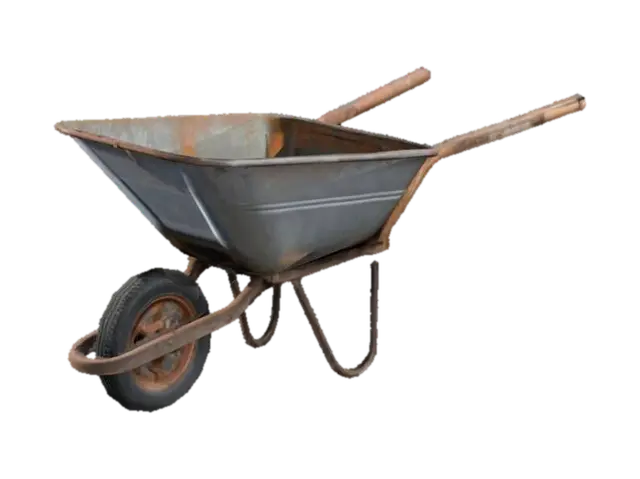 Old rusty wheel barrow with dark grey rubber tire and 2 wooden handles 3D model, vytvořený pomocí AI