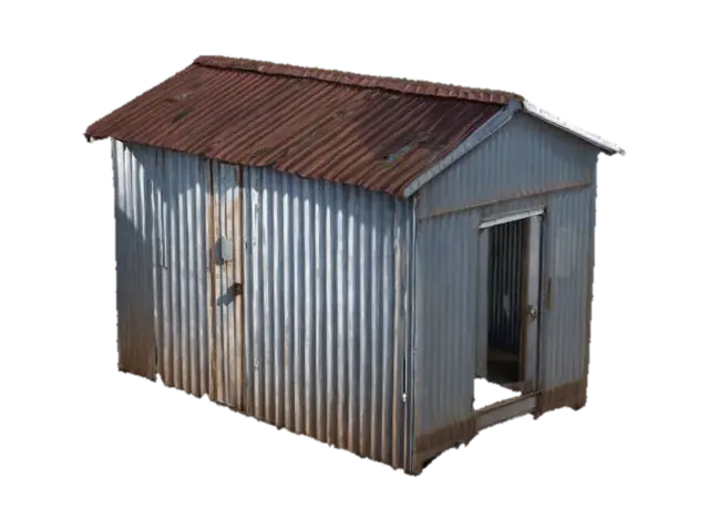 Small corrugated metal shack with door, no windows, no ground, fully enclosed - Shed 3D model, vytvořený pomocí AI