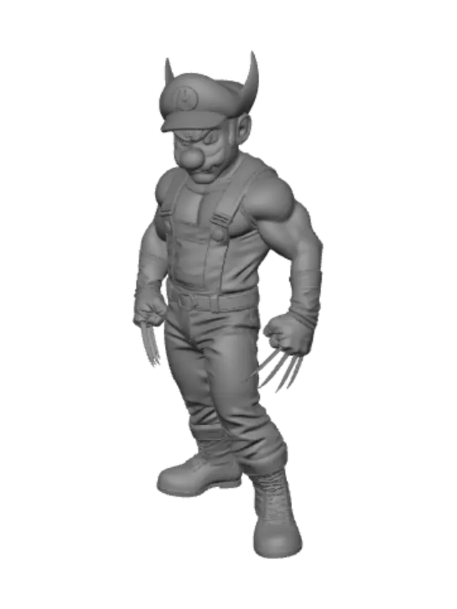 3D model for super mario as wolverine hybrid character, wearing a mix of mario outfit and wolverine suit, muscular body, detailed fabric, 

closed fist hands, three sharp metal claws extending from between the knuckles (not from the side, not fingers), claws aligned with forearm, natural hand anatomy, no extra fingers, 

angry expression, cinematic lighting, highly detailed 3D character, realistic proportions, game-ready model, extra fingers, mutated hands, claws on side of hand, open fingers, wrong anatomy, distorted hands