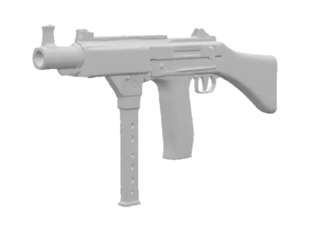 3D model for Массивная, культовая модель пистолета-пулемета Томпсона M1928 с характерной, слегка угловатой формой и четкими, выраженными краями. Оружие имеет массивный, ребристый ствол с установленным на конце компенсатором Каттса, выполненные из матового черного металла. Крупная вертикальная передняя рукоятка и отдельная пистолетная рукоятка, а также стационарный приклад, сделаны из потертого, темно-коричневого дерева, с видимыми следами износа. Книзу присоединен прямой, прямоугольный рожковый магазин из темного металла, дополняющий его уникальный профиль.