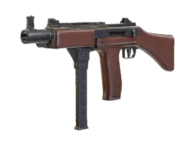 3D model for Массивная, культовая модель пистолета-пулемета Томпсона M1928 с характерной, слегка угловатой формой и четкими, выраженными краями. Оружие имеет массивный, ребристый ствол с установленным на конце компенсатором Каттса, выполненные из матового черного металла. Крупная вертикальная передняя рукоятка и отдельная пистолетная рукоятка, а также стационарный приклад, сделаны из потертого, темно-коричневого дерева, с видимыми следами износа. Книзу присоединен прямой, прямоугольный рожковый магазин из темного металла, дополняющий его уникальный профиль.