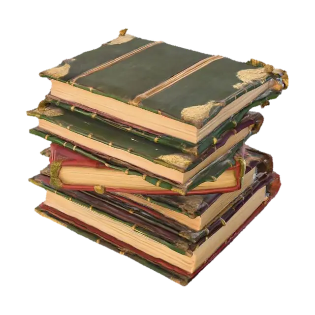 A disordered stack of ancient folios, haphazardly piled on top of each other. These… - Books 3D model, vytvořený pomocí AI