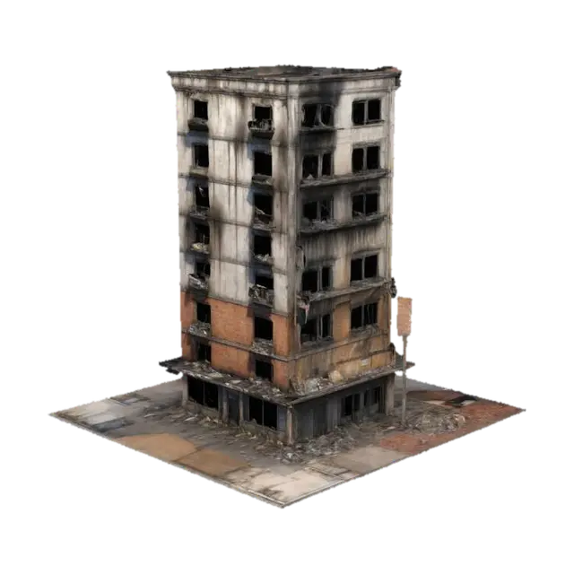 Ultra Realistic abandoned downtown apartment building. There are shop windows or… - Highrise 3D model, vytvořený pomocí AI