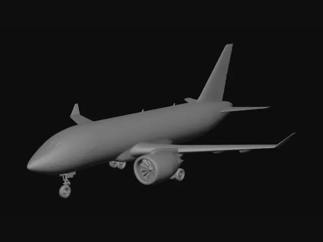 3D model for Ultra realistic AAA game-ready commercial jet aircraft, sleek aerodynamic fuselage, detailed twin engines with visible turbines, realistic landing gear, hydraulic pistons, advanced wing flaps, cockpit windows, high precision panel lines, rivets, metallic hard surface design, realistic proportions, cinematic aviation engineering, modular aircraft parts, ultra detailed wings, realistic exhausts, subtle mechanical wear, photorealistic reflections, Unreal Engine 5 style, premium aerospace design, centered aircraft, dark studio background, highly immersive, no cartoon, no low poly, no fantasy style, masterpiece quality