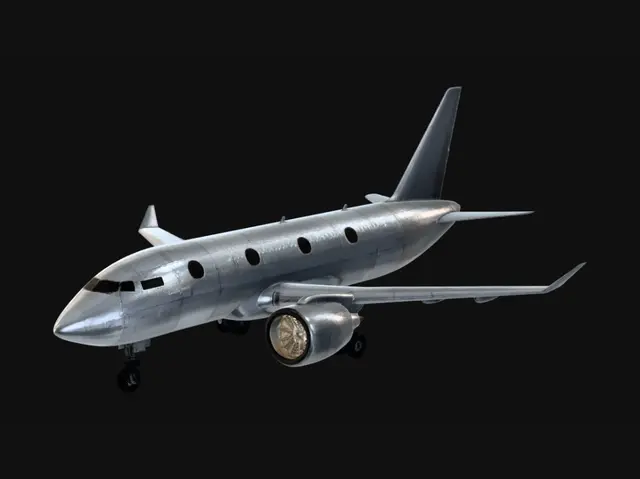 3D model for Ultra realistic AAA game-ready commercial jet aircraft, sleek aerodynamic fuselage, detailed twin engines with visible turbines, realistic landing gear, hydraulic pistons, advanced wing flaps, cockpit windows, high precision panel lines, rivets, metallic hard surface design, realistic proportions, cinematic aviation engineering, modular aircraft parts, ultra detailed wings, realistic exhausts, subtle mechanical wear, photorealistic reflections, Unreal Engine 5 style, premium aerospace design, centered aircraft, dark studio background, highly immersive, no cartoon, no low poly, no fantasy style, masterpiece quality
