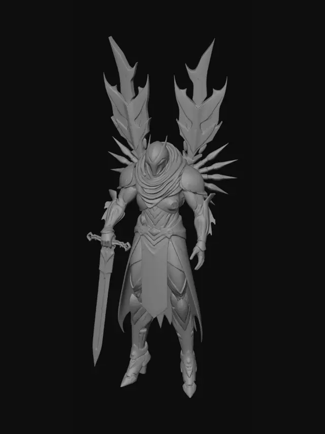 3D model for Create an ultra-detailed cinematic 3D model of an “Abyssal Cosmic Guardian” with a dark fantasy + sci-fi aesthetic. The character should wear black metallic armor with glowing blue neon energy flowing through cracks, a torn cape moving in the wind, and giant semi-organic mechanical wings. Give it a partially hidden mask with glowing eyes and a colossal floating sword with luminous runes. Use dramatic UE5-style lighting, cinematic particles, realistic materials, apocalyptic background, depth of field, and AAA-quality textures. Style inspired by Blizzard, Riot Games, and Love Death & Robots. Make it insanely detailed, visually powerful, and designed to stop people from scrolling on TikTok or Instagram.
