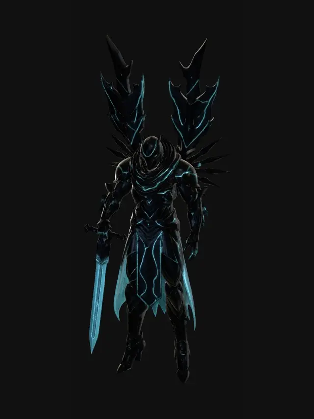 3D model for Create an ultra-detailed cinematic 3D model of an “Abyssal Cosmic Guardian” with a dark fantasy + sci-fi aesthetic. The character should wear black metallic armor with glowing blue neon energy flowing through cracks, a torn cape moving in the wind, and giant semi-organic mechanical wings. Give it a partially hidden mask with glowing eyes and a colossal floating sword with luminous runes. Use dramatic UE5-style lighting, cinematic particles, realistic materials, apocalyptic background, depth of field, and AAA-quality textures. Style inspired by Blizzard, Riot Games, and Love Death & Robots. Make it insanely detailed, visually powerful, and designed to stop people from scrolling on TikTok or Instagram.