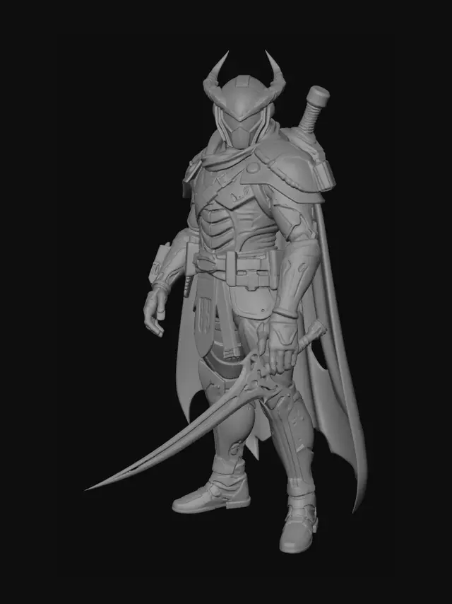3D model for Cyberpunk Demon Hunter, futuristic assassin, sleek armored suit, glowing visor, mechanical arm, energy katana, tactical gear, athletic build, futuristic cape, high-tech backpack, intimidating pose, sci-fi fantasy fusion, detailed gadgets, powerful silhouette, cinematic proportions, full body character, AAA game quality, highly detailed hard surface modeling, masterpiece design, complete model.