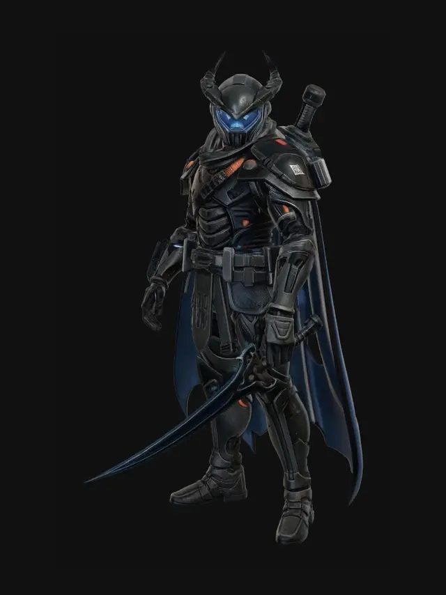 3D model for Cyberpunk Demon Hunter, futuristic assassin, sleek armored suit, glowing visor, mechanical arm, energy katana, tactical gear, athletic build, futuristic cape, high-tech backpack, intimidating pose, sci-fi fantasy fusion, detailed gadgets, powerful silhouette, cinematic proportions, full body character, AAA game quality, highly detailed hard surface modeling, masterpiece design, complete model.
