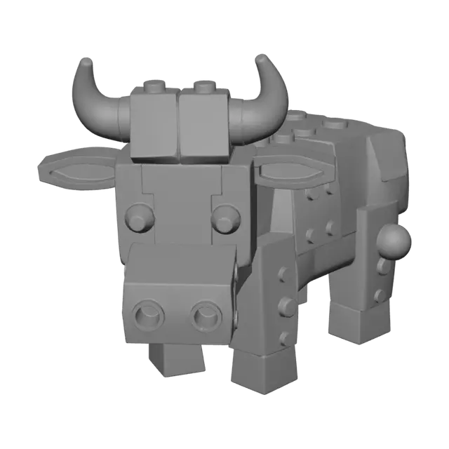 3D model for Vaca de granja detallada, limpia y de baja poligonización, construida enteramente con ladrillos LEGO de colores. El modelo está hecho de ladrillos blancos distintos con parches negros de ladrillos. Tachuelas visibles en las superficies. Las características incluyen una loseta LEGO rosa cuadrada para el hocico, pequeñas losetas cuadradas blancas y negras para los ojos, dos pequeñas piezas LEGO cónicas grises para los cuernos y una cola de bloque. La topografía debe ser limpia y optimizada para juegos, menos de 3,000 polígonos. Sin suavizado de malla complejo.