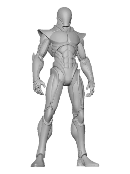 3D model for Full-body relic exosuit , standing in a barren desert. The suit is seamless and monolithic, sculpted from oily black alloy with faint bronze-green patina. Helmet fully sealed and featureless, smooth and intimidating, no face or visor visible. Armor looks grown and organic, not built — no seams, no straps, no bolts, just flowing planes of metal with angular shoulders and heavy boots. Subtle glowing red inlays etched across the chest and arms, like archaic circuitry. Hands oversized for gripping relic weapons. Style: line-art, graphic novel, Moebius-inspired, sharp contours, bold outlines, crosshatching for depth, minimal shading, mythic science-fantasy tone.Centered full-body portrait, standing tall. No background clutter focus on the suit’s silhouette.