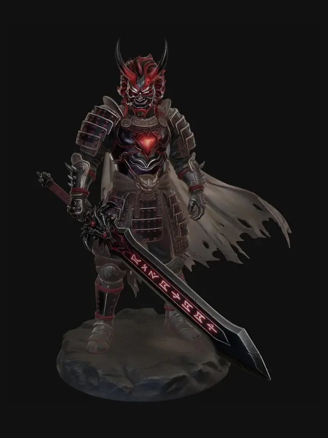 3D model for japanese demon warrior knight with dragon heart great sword