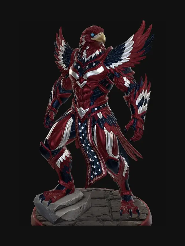 3D model for red, white and blue humanoid American Eagle warrior without helmet