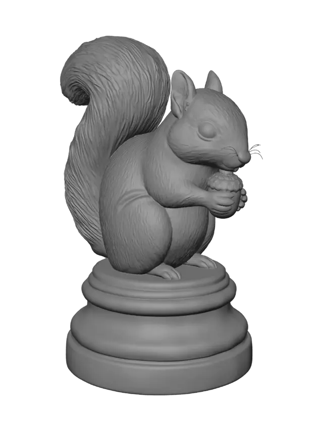 3D model for Using this squirrel chess piece image as reference, and matching the pedestal height/proportions shown in the second reference image (the piglet pawn), regenerate the squirrel pawn on a shorter, lower pedestal of the same size and proportions as the piglet's pedestal. Keep the squirrel itself exactly the same: same pose, same reddish-brown fur, same fluffy curled tail, same acorn held to its chest. Only change the pedestal height to be shorter and squatter, matching the piglet pawn's pedestal size exactly. Same light pale stone/birch tone for the pedestal, same product render style, studio lighting, clean white background, isometric view.
