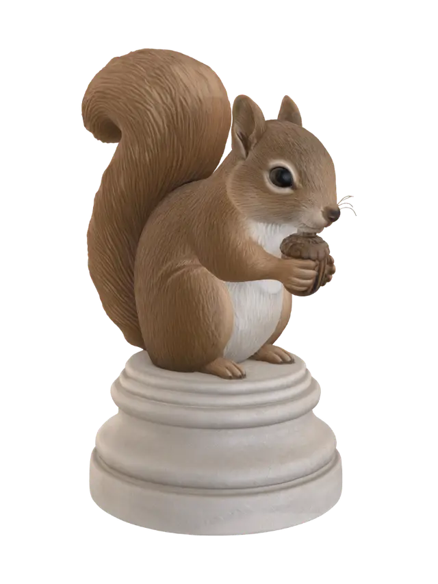 3D model for Using this squirrel chess piece image as reference, and matching the pedestal height/proportions shown in the second reference image (the piglet pawn), regenerate the squirrel pawn on a shorter, lower pedestal of the same size and proportions as the piglet's pedestal. Keep the squirrel itself exactly the same: same pose, same reddish-brown fur, same fluffy curled tail, same acorn held to its chest. Only change the pedestal height to be shorter and squatter, matching the piglet pawn's pedestal size exactly. Same light pale stone/birch tone for the pedestal, same product render style, studio lighting, clean white background, isometric view.