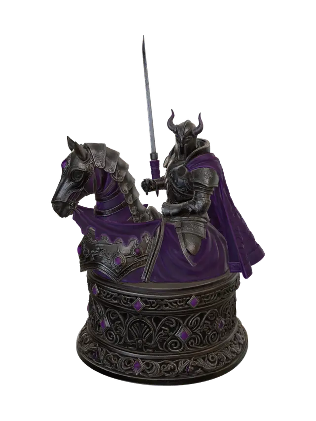 3D model for Edit this statue so only the upper half of the knight and horse remains — cut horizontally at roughly the horse's chest/mid-torso height, removing the rearing front legs, lower body, and dangling hind legs entirely. Mount this upper-half bust directly onto the same ornate engraved cylindrical base, as if the base were built to display just the torso/upper portion. The cut edge should look like a clean sculptural pedestal mount (like a bust sculpture), not a jagged break. Keep the same dark armor, purple velvet cape, horned helmet, raised sword, horse's head and mane, and gem details. Same lighting, same dark gray background, same overall art style.