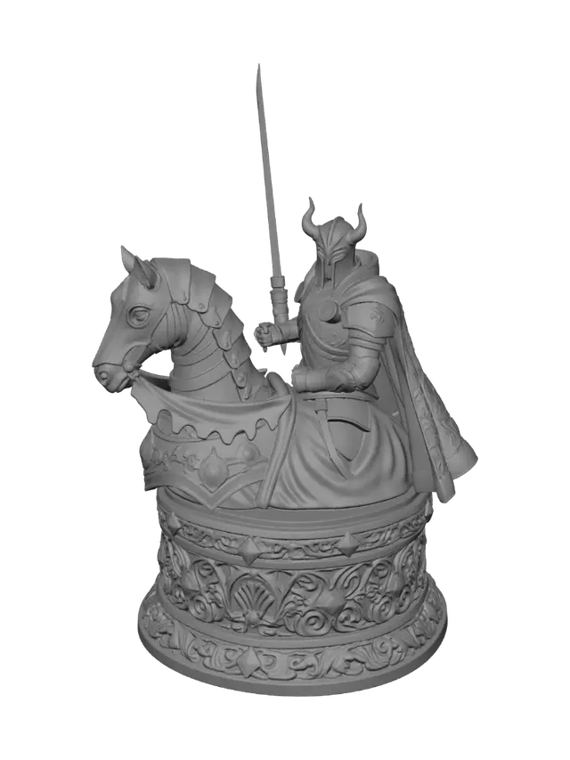 3D model for Edit this statue so only the upper half of the knight and horse remains — cut horizontally at roughly the horse's chest/mid-torso height, removing the rearing front legs, lower body, and dangling hind legs entirely. Mount this upper-half bust directly onto the same ornate engraved cylindrical base, as if the base were built to display just the torso/upper portion. The cut edge should look like a clean sculptural pedestal mount (like a bust sculpture), not a jagged break. Keep the same dark armor, purple velvet cape, horned helmet, raised sword, horse's head and mane, and gem details. Same lighting, same dark gray background, same overall art style.
