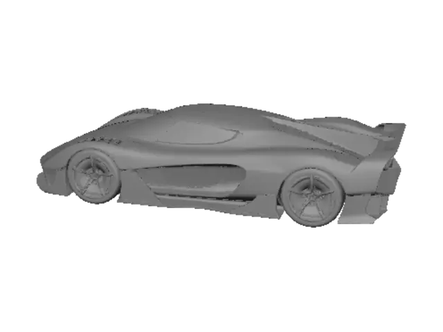 3D model for A professional 3D automotive design render of the Jaeger, an exotic multi-million dollar track hypercar with enclosed wheels, fusing the aggressive sidepod aerodynamics of the Red Bull RB17 with the underfloor airflow channels of the Aston Martin Valkyrie. The vehicle features a wide, muscular two-passenger sports car cabin with a low, wraparound tinted windshield, maintaining a wide and powerful supercar stance. The front of the car features a solid, continuous low-slung wedge nose with a smooth hood panel that connects seamlessly to the fenders, with no open-wheel formula suspension. The front fenders are sliced wide open with deep horizontal cooling louvers showing the tires underneath. The sides feature deeply undercut F1-style sidepods and hollowed-out downwash channels carved into th