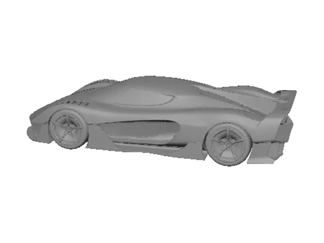 3D model for A professional 3D automotive design render of the Jaeger, an exotic multi-million dollar track hypercar with enclosed wheels, fusing the aggressive sidepod aerodynamics of the Red Bull RB17 with the underfloor airflow channels of the Aston Martin Valkyrie. The vehicle features a wide, muscular two-passenger sports car cabin with a low, wraparound tinted windshield, maintaining a wide and powerful supercar stance. The front of the car features a solid, continuous low-slung wedge nose with a smooth hood panel that connects seamlessly to the fenders, with no open-wheel formula suspension. The front fenders are sliced wide open with deep horizontal cooling louvers showing the tires underneath. The sides feature deeply undercut F1-style sidepods and hollowed-out downwash channels carved into th