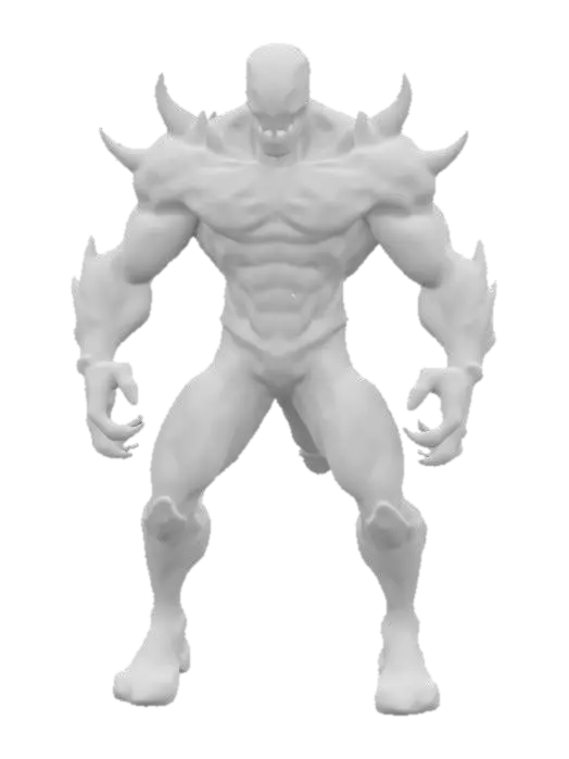 3D model for a superhero with a sinewy, muscular build and textured skin resembling a dark, glossy symbiote. Intricate, glowing patterns ripple across his body, and he wears sharp, asymmetrical armor with jagged spikes, wielding an oversized weapon. His fierce face, with sharp features and gleaming white eyes, exudes menace and determination. The overall aesthetic combines gritty realism with dynamic proportions, evoking a powerful sense of movement. Stood in a static pose unarmed with arms at his side.