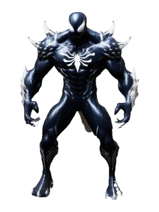3D model for a superhero with a sinewy, muscular build and textured skin resembling a dark, glossy symbiote. Intricate, glowing patterns ripple across his body, and he wears sharp, asymmetrical armor with jagged spikes, wielding an oversized weapon. His fierce face, with sharp features and gleaming white eyes, exudes menace and determination. The overall aesthetic combines gritty realism with dynamic proportions, evoking a powerful sense of movement. Stood in a static pose unarmed with arms at his side.