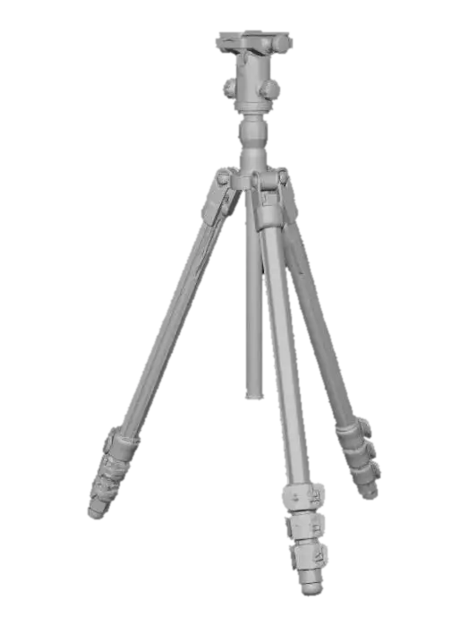3D model for A sleek, professional black tripod crafted from durable matte aluminum alloy. It features three telescoping cylindrical legs, securely locked by textured plastic clasps. A central column extends vertically, topped by a quick-release plate and a smooth pan-tilt head. The entire surface has a uniform, non-reflective finish, providing a firm, cool-to-the-touch grip. Its robust, articulated structure ensures stability for cameras or equipment.