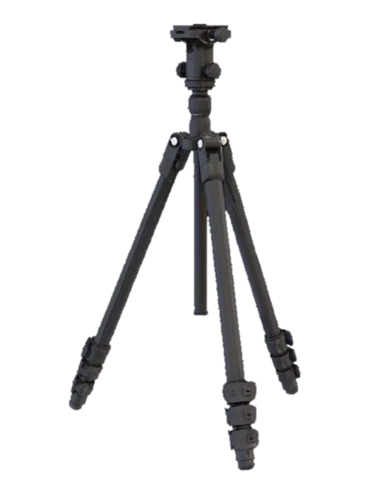 3D model for A sleek, professional black tripod crafted from durable matte aluminum alloy. It features three telescoping cylindrical legs, securely locked by textured plastic clasps. A central column extends vertically, topped by a quick-release plate and a smooth pan-tilt head. The entire surface has a uniform, non-reflective finish, providing a firm, cool-to-the-touch grip. Its robust, articulated structure ensures stability for cameras or equipment.