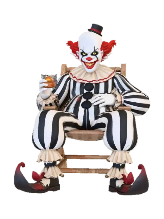 the terrifier clown sunbathing on a deck chair drinking wisky-3D-modell, genererad av AI