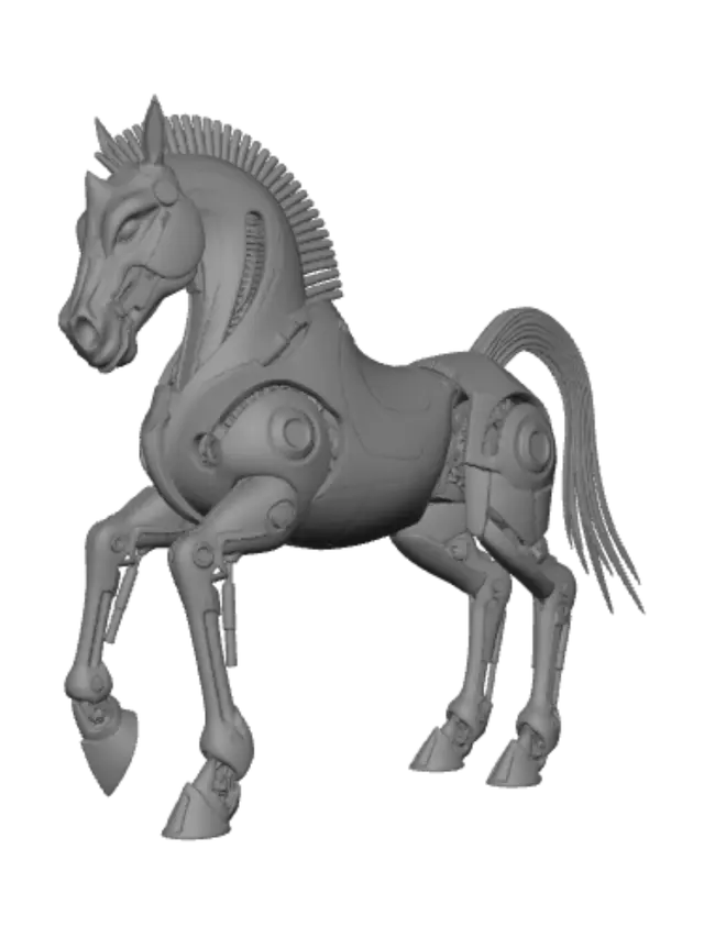 3D model for quadruped, horse, large body, muscular body, feral, cybernetics, robot, synthetic body, glowing eyes, ridged mane, thin solid tail, black body, silver accents, standing, looking at viewer, detailed body, detailed face,