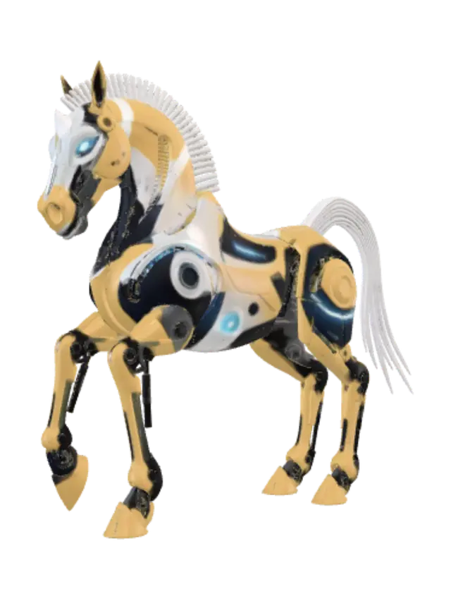 3D model for quadruped, horse, large body, muscular body, feral, cybernetics, robot, synthetic body, glowing eyes, ridged mane, thin solid tail, black body, silver accents, standing, looking at viewer, detailed body, detailed face,