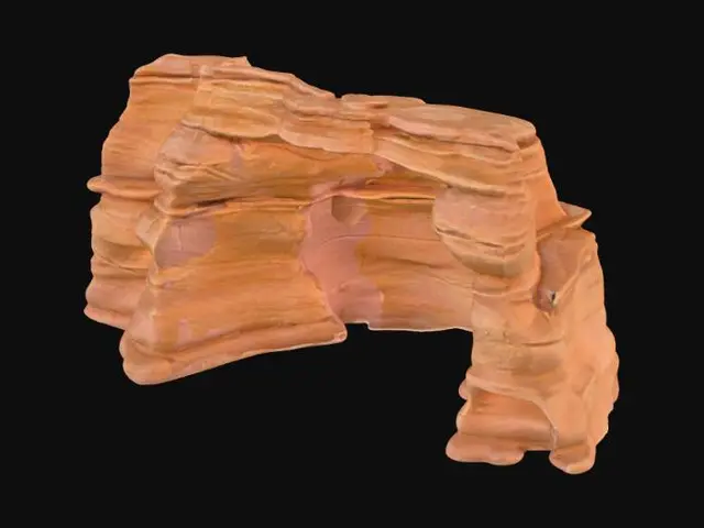 3D model for A majestic sandstone wall, distinguished by its impressive scale and dramatic geological features. It boasts several broad, deeply carved alcove scoops that create sheltered recesses, contrasted by resistant ledge bands that protrude slightly, emphasizing its layered structure. The robust sandstone material exhibits warm, sun-baked ochre and reddish-brown tones, with a finely detailed, granular texture. Its flat back ensures easy integration, and its rugged, solid appearance conveys immense natural strength.