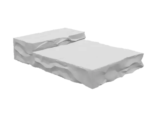 3D model for A substantial sandstone shelf module, featuring a wide, expansive deck suitable for a broad surface. One corner is distinctly broken, revealing fresh rock and adding an element of natural erosion and ruggedness. Its surface is subtly adorned with delicate ripples, hinting at sedimentary flow or wind erosion patterns. The coarse-grained sandstone exhibits warm ochre and sandy brown tones, with a rough, granular texture across its robust form, providing an authentic, weathered appearance.