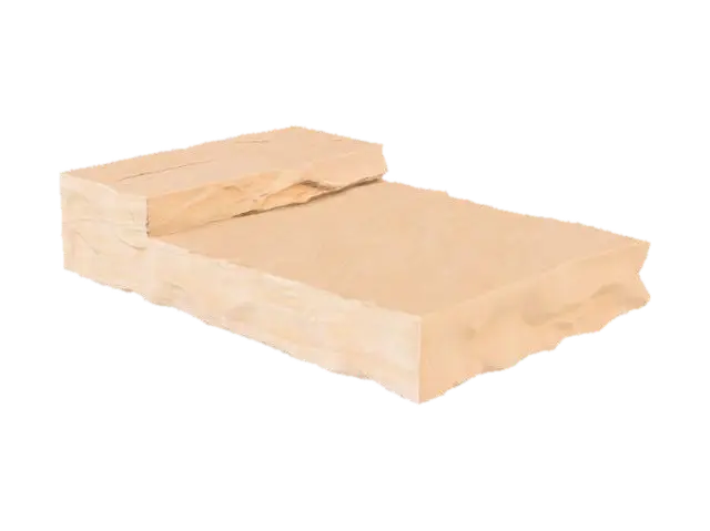 3D model for A substantial sandstone shelf module, featuring a wide, expansive deck suitable for a broad surface. One corner is distinctly broken, revealing fresh rock and adding an element of natural erosion and ruggedness. Its surface is subtly adorned with delicate ripples, hinting at sedimentary flow or wind erosion patterns. The coarse-grained sandstone exhibits warm ochre and sandy brown tones, with a rough, granular texture across its robust form, providing an authentic, weathered appearance.
