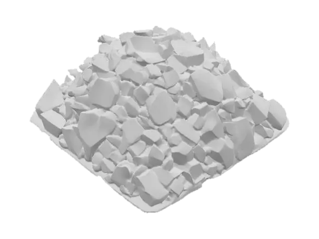 3D model for A massive rubble heap, measuring 3x3x1 meters, is composed of countless broken sandstone blocks of varying sizes and fine granular debris. The blocks are irregularly shaped, with sharp, jagged edges, and are tightly interlocked, forming a cohesive, yet chaotic, mound. The sandstone exhibits a range of natural desert hues, from light ochre to deeper reddish-browns. Its texture is predominantly rough and abrasive, with some finer, powdery sections, feeling heavy and fragmented.