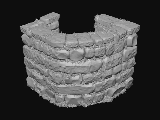 3D model for A robust corner module for a dry stone wall, forming a precise 90-degree turn, maintains the same 1.2-meter height and 0.6-meter thickness. It is meticulously constructed from irregularly stacked, rough-hewn stones in muted greys and earthy browns. The top is crowned with uneven coping stones, and broken stones are integrated seamlessly throughout. Numerous natural gaps are visible between the blocks, densely filled with vibrant green moss, ensuring continuity with linear sections. The texture is coarse and gritty stone, softened by the damp, velvety moss. Realism.