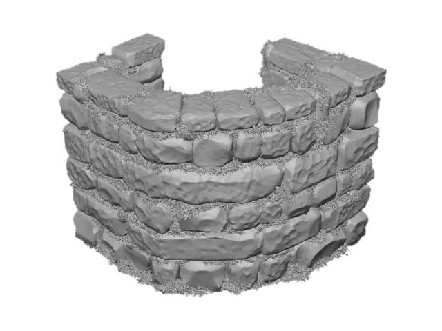 3D model for A robust corner module for a dry stone wall, forming a precise 90-degree turn, maintains the same 1.2-meter height and 0.6-meter thickness. It is meticulously constructed from irregularly stacked, rough-hewn stones in muted greys and earthy browns. The top is crowned with uneven coping stones, and broken stones are integrated seamlessly throughout. Numerous natural gaps are visible between the blocks, densely filled with vibrant green moss, ensuring continuity with linear sections. The texture is coarse and gritty stone, softened by the damp, velvety moss. Realism.
